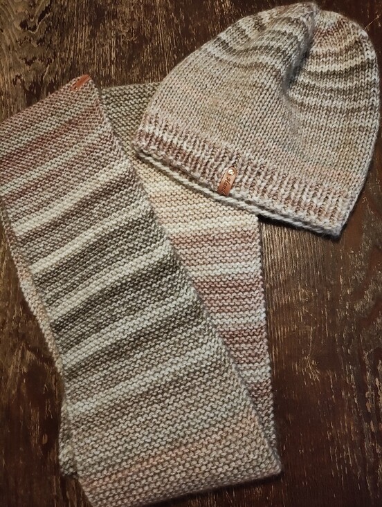 Handmade Accessories - Handcrafted Knit Beanie and Scarf Set in Cream, Pink, and Gray